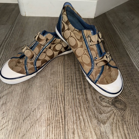 Coach Barrett Canvas logo sneakers brown blue patent leather trim 8 EUC Velcro - Picture 3 of 7